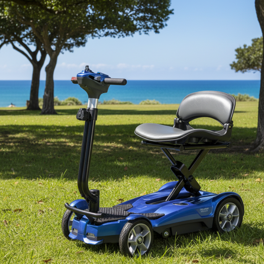 Saphire Blue EV Rider Auto Fold Transport 4AF Mobility Scooter - Open Box Angled View