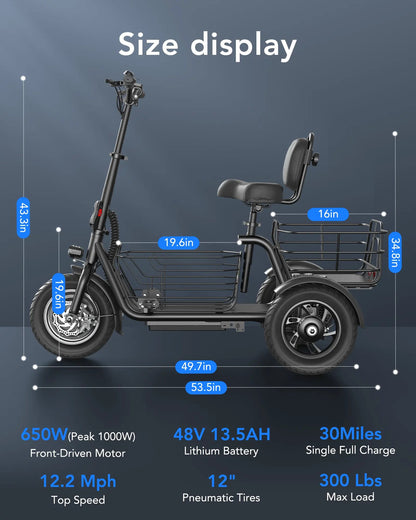 Gyroor   C5   Electric   Trike   –   1000W   Peak,   30-Mile   Range   &   Dual   Baskets