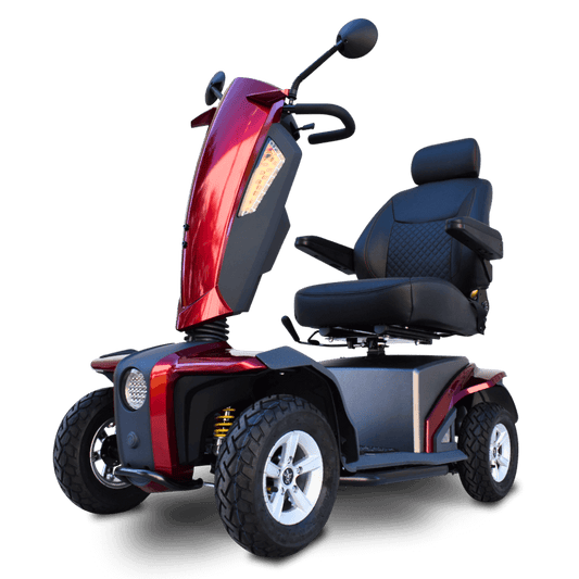 Red VitaXpress 4 Wheel All Terrain Mobility Scooter Angled View