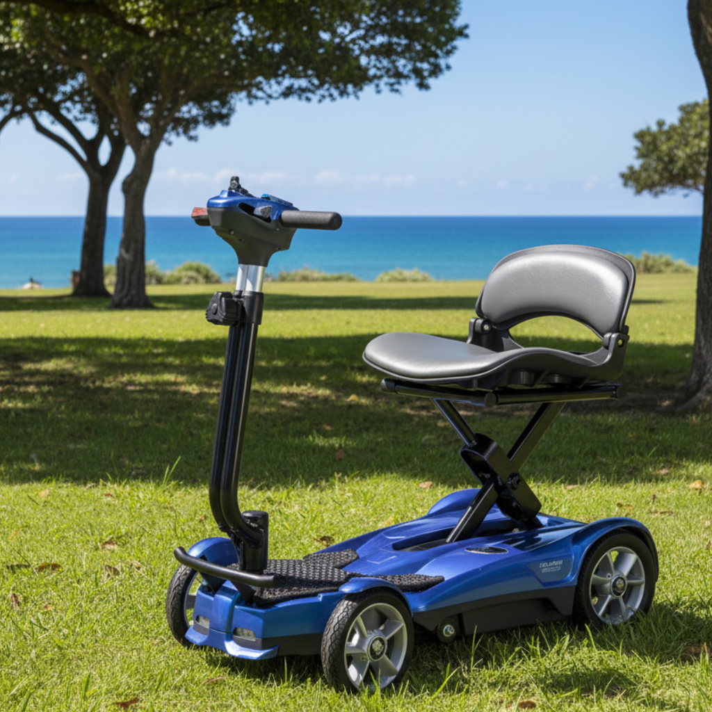 Saphire Blue EV Rider Auto Fold Transport 4AF Mobility Scooter - Open Box Angled View