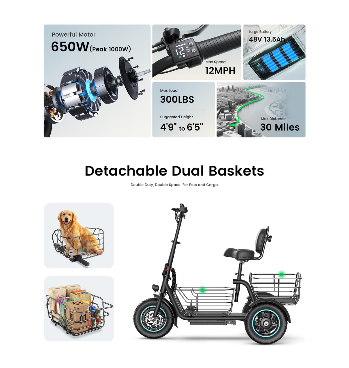 Gyroor   C5   Electric   Trike   –   1000W   Peak,   30-Mile   Range   &   Dual   Baskets