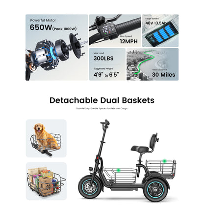 Gyroor   C5   Electric   Trike   –   1000W   Peak,   30-Mile   Range   &   Dual   Baskets