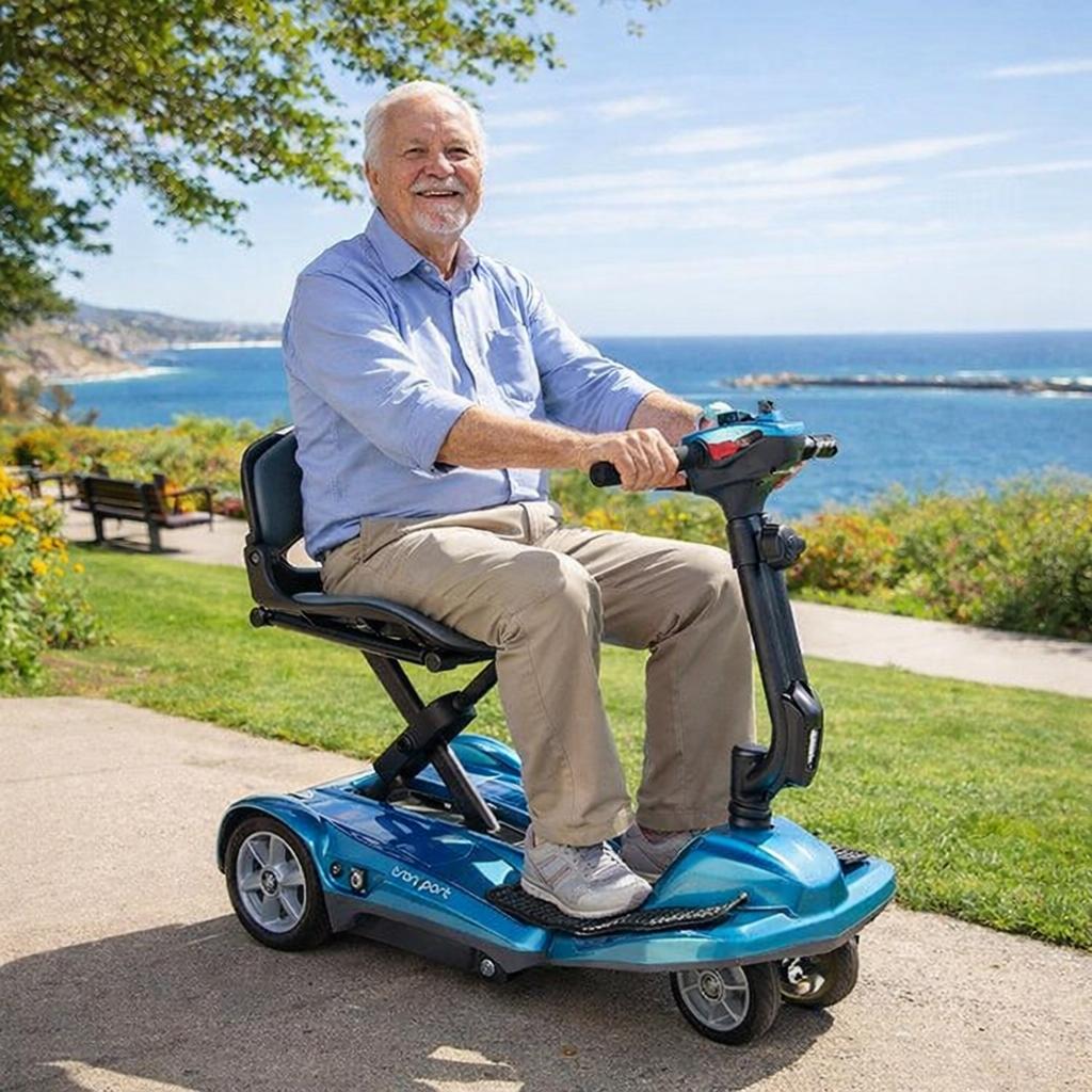 A smiling older man in a blue shirt riding a blue folding mobility scooter along a seaside path
