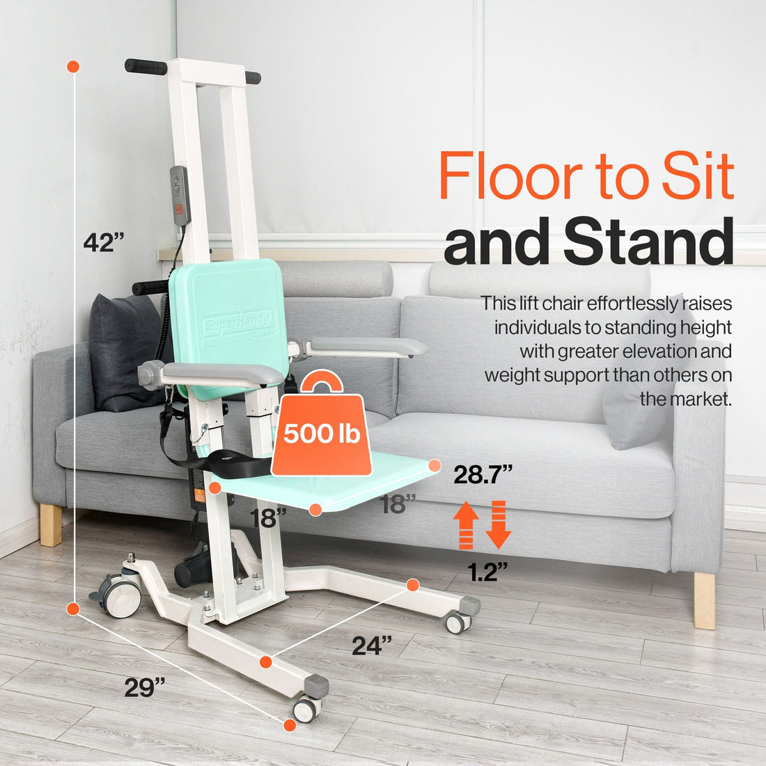 GoRise TX Patient Transfer Lift 500 lb Capacity, Portable Floor-to-Stand with Ergonomic Support