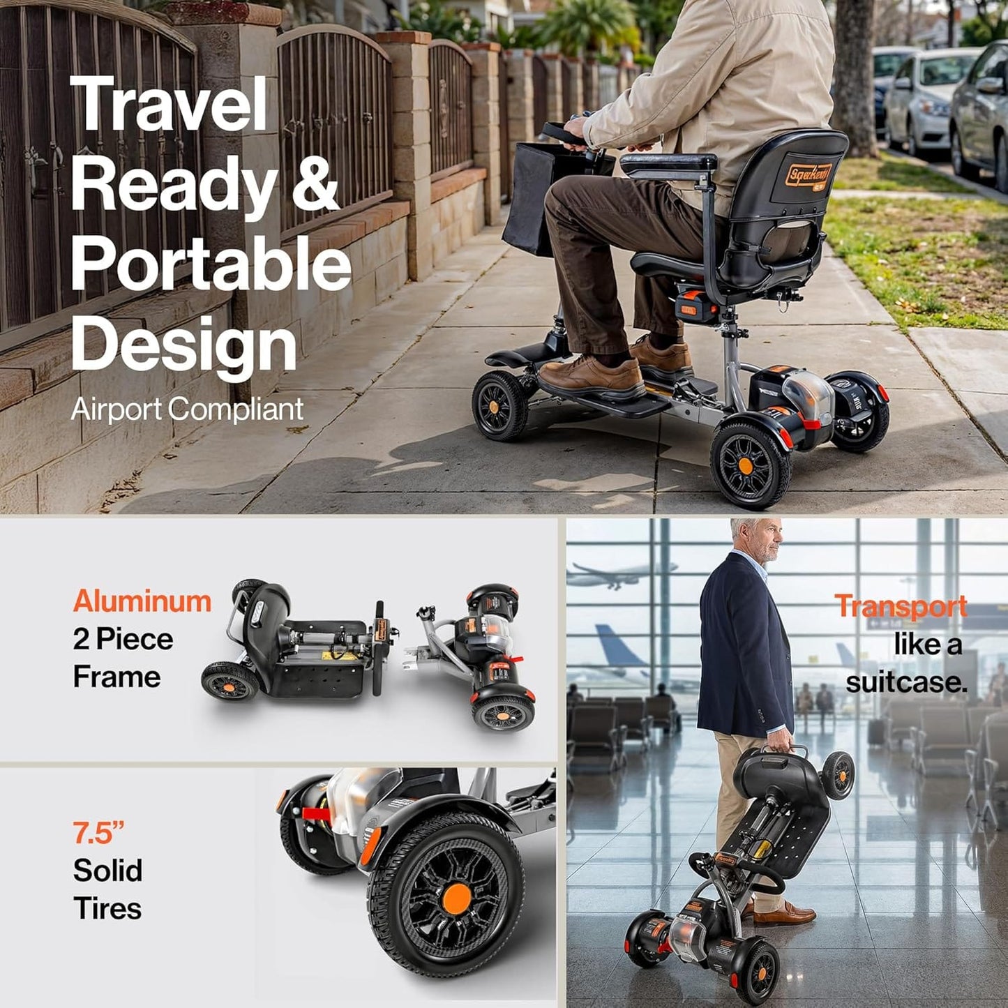 SuperHandy Passport Flex 4 Wheel Power Mobility Scooter – Quick-Disassembly Aluminum Frame, Foldable & Compact, 48V Li-Ion Battery
